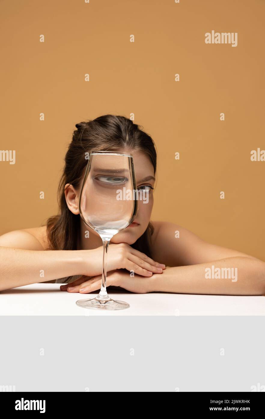 A vibrant, cheerful and summery scene showcasing a diagonal pattern of  photo-realistic wine glasses and bottles, with a slightly wavy distortion  as if viewed through the eyes of a tipsy person on
