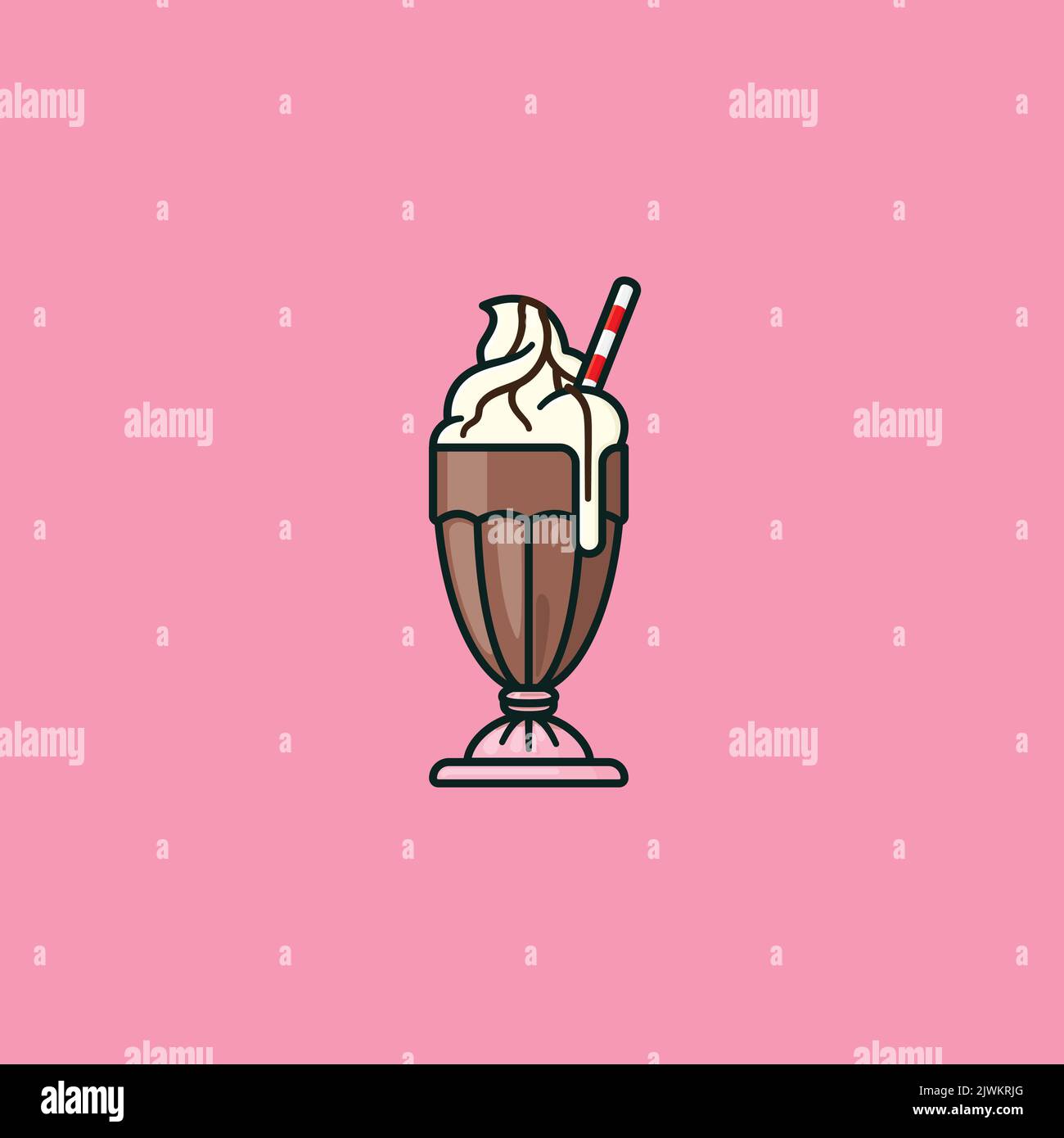 Chocolate milk shake with cream, topping and straw filled outline style