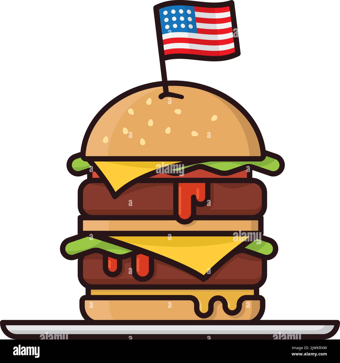Double Cheeseburger with US flag filled outline style isolated vector illustration. American fast food symbol. Stock Vector