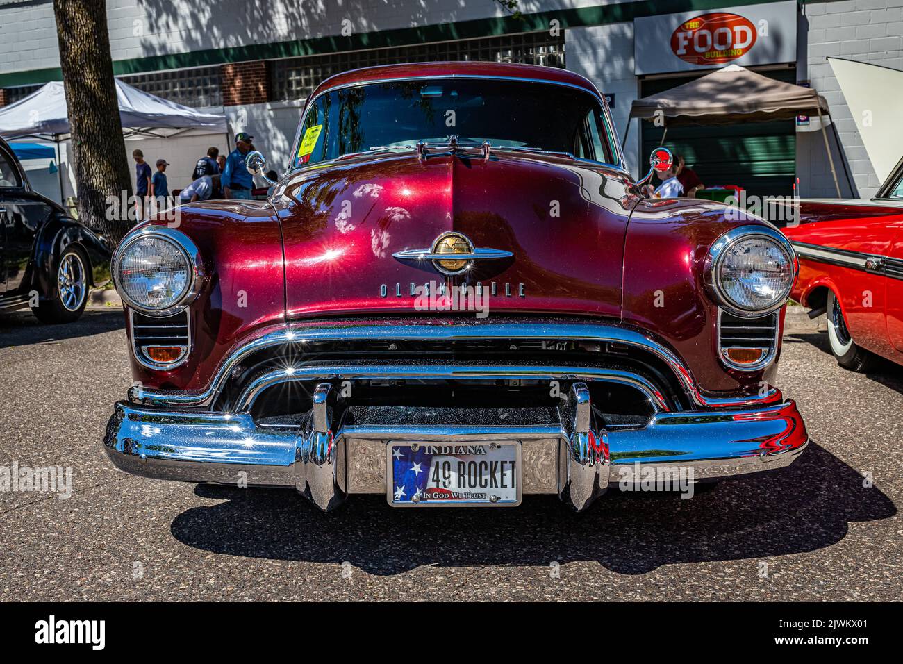 Falcon Heights, MN - June 17, 2022: Low perspective front view of a 1949 Oldsmobile Rocket 88 Coupe at a local car show. Stock Photo