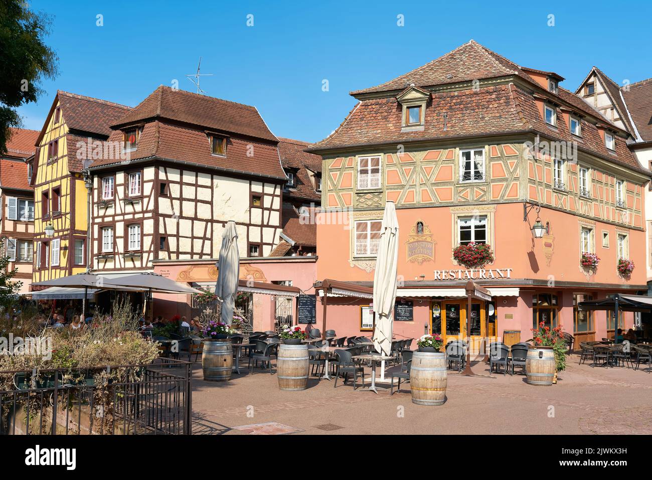 Historic picturesque old town of Colmar in France in Alsace with many restaurants and cafes Stock Photo