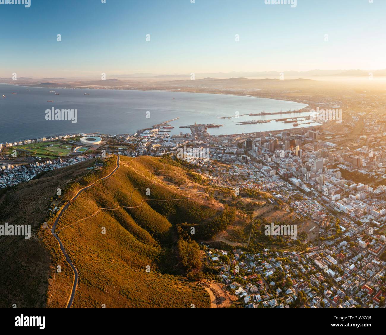 Aerial view of sunrise over Cape Town, Western Cape, South Africa Stock