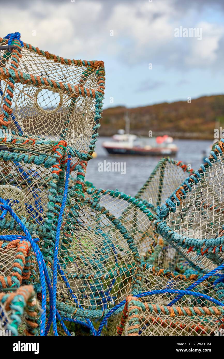 Empty lobster and Creel pods on Dry Island in Scotland Stock Photo