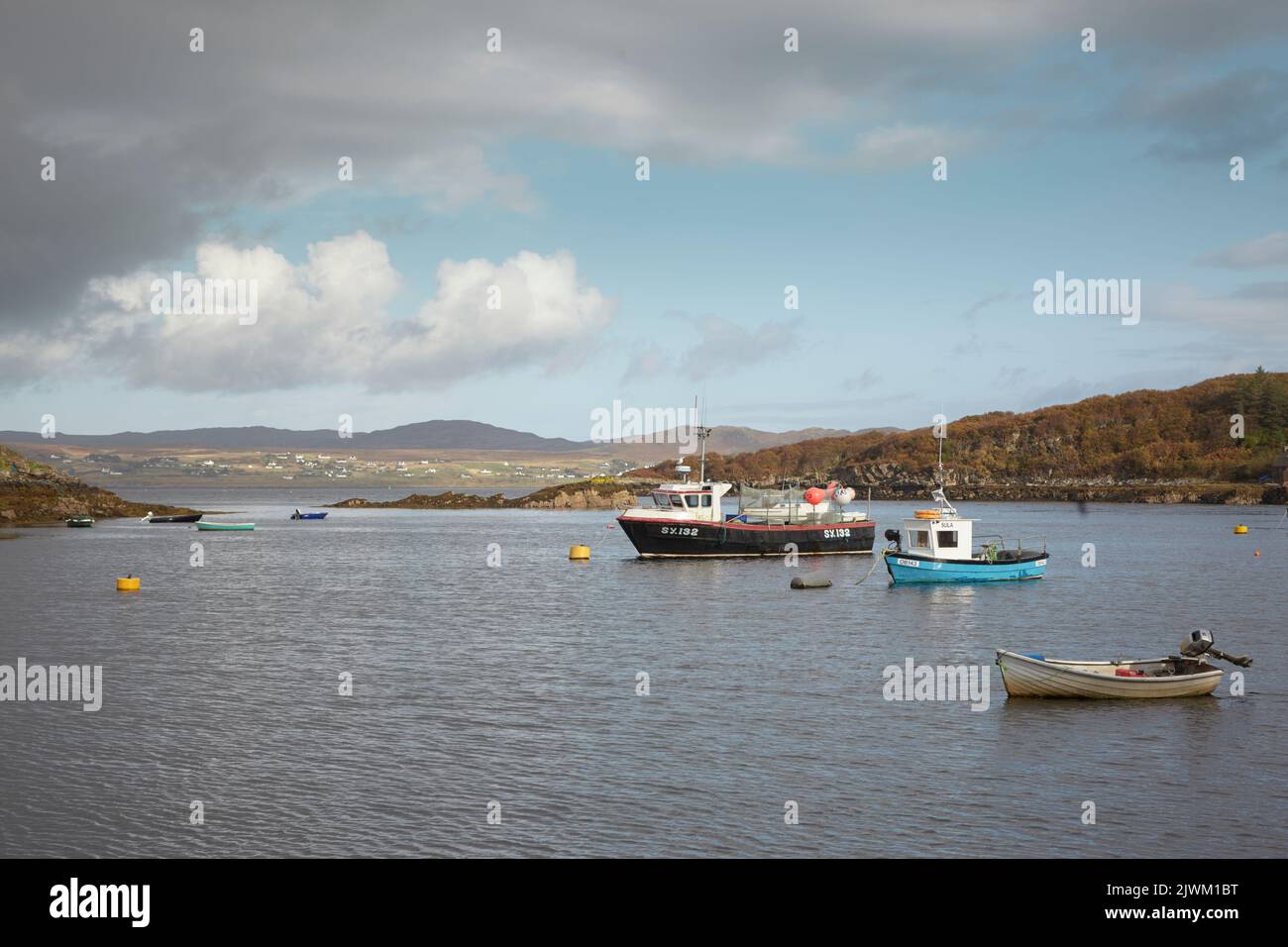 Fishing vessels Sealgairmara and Sula seen from Dry Island, Bedachro, Scotland. Stock Photo
