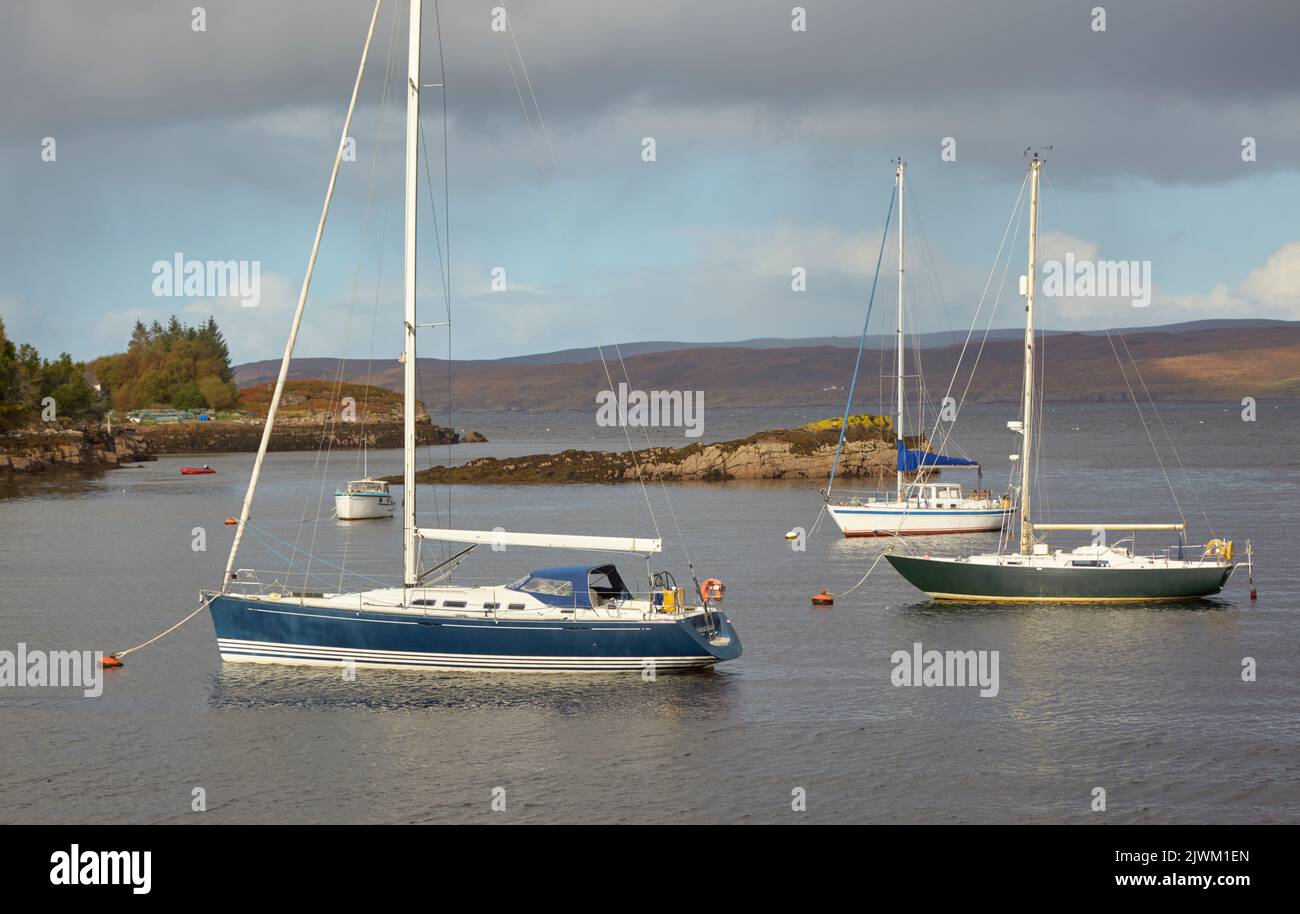 Sailing boats seen from Dry Island, Bedachro, Scotland. Stock Photo