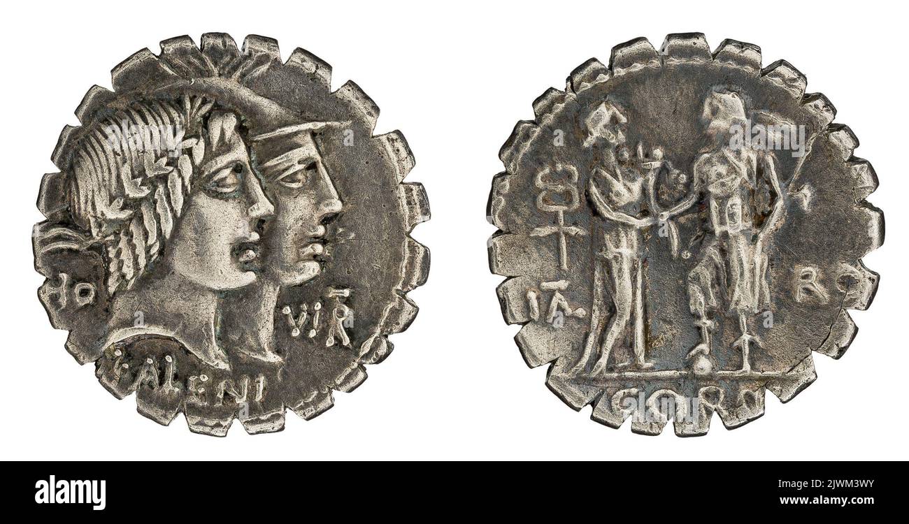 denarius (serratus). Fufius Calenus, Q. (fl. 70 a.C. ; 47 a.C.), monetary officer, Mucius Scaevola, P. (fl. 70 a.C.), monetary officer, Republika Rzymska, issuer Stock Photo