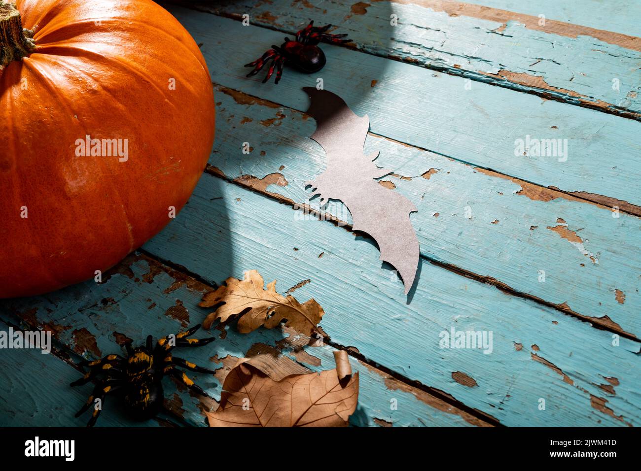 Pumpkin, spider and bat toys with copy space on blue wooden surface Stock Photo