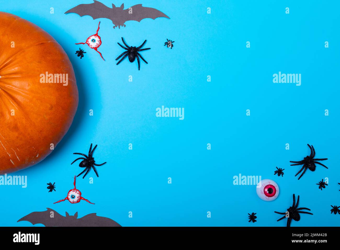 Multiple scary eyes, spider, bat toys and pumpkin with copy space on blue background Stock Photo