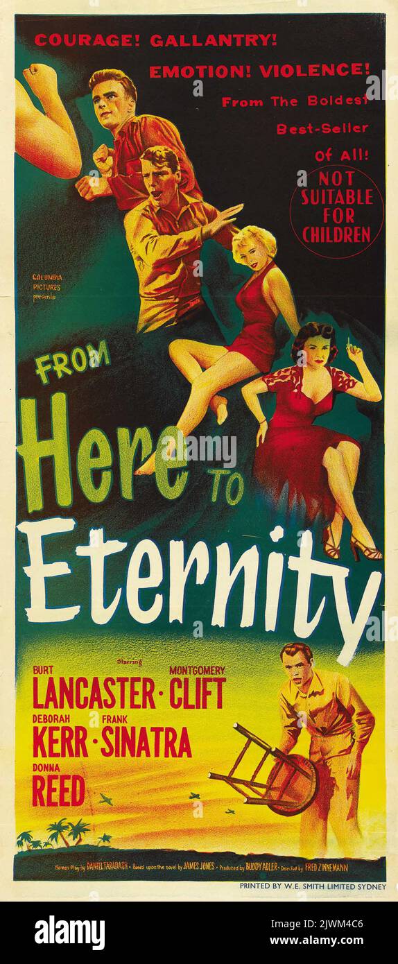 From Here to Eternity (Columbia, 1953). Australian Daybill. Starring Burt Lancaster, Frank Sinatra, Montgomery Clift, Deborah Kerr, Donna Reed, Philip Ober, Mickey Shaughnessy, Harry Bellaver, Ernest Borgnine, Jack Warden, Merle Travis, and Tim Ryan. Directed by Fred Zinnemann. Stock Photo