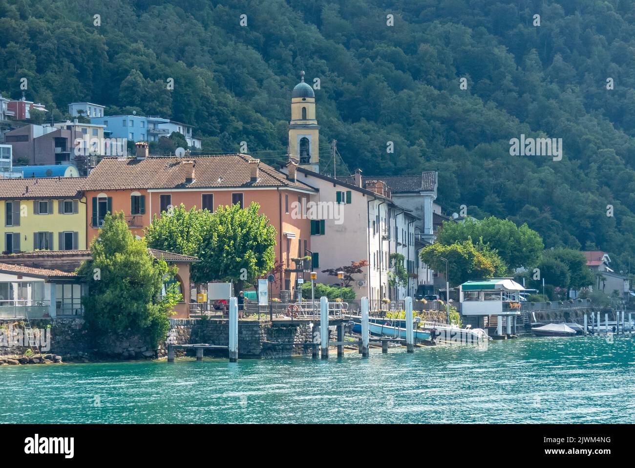Lake Lugano in Switzerland: the village of Brusino Arsizio from the ferry Stock Photo