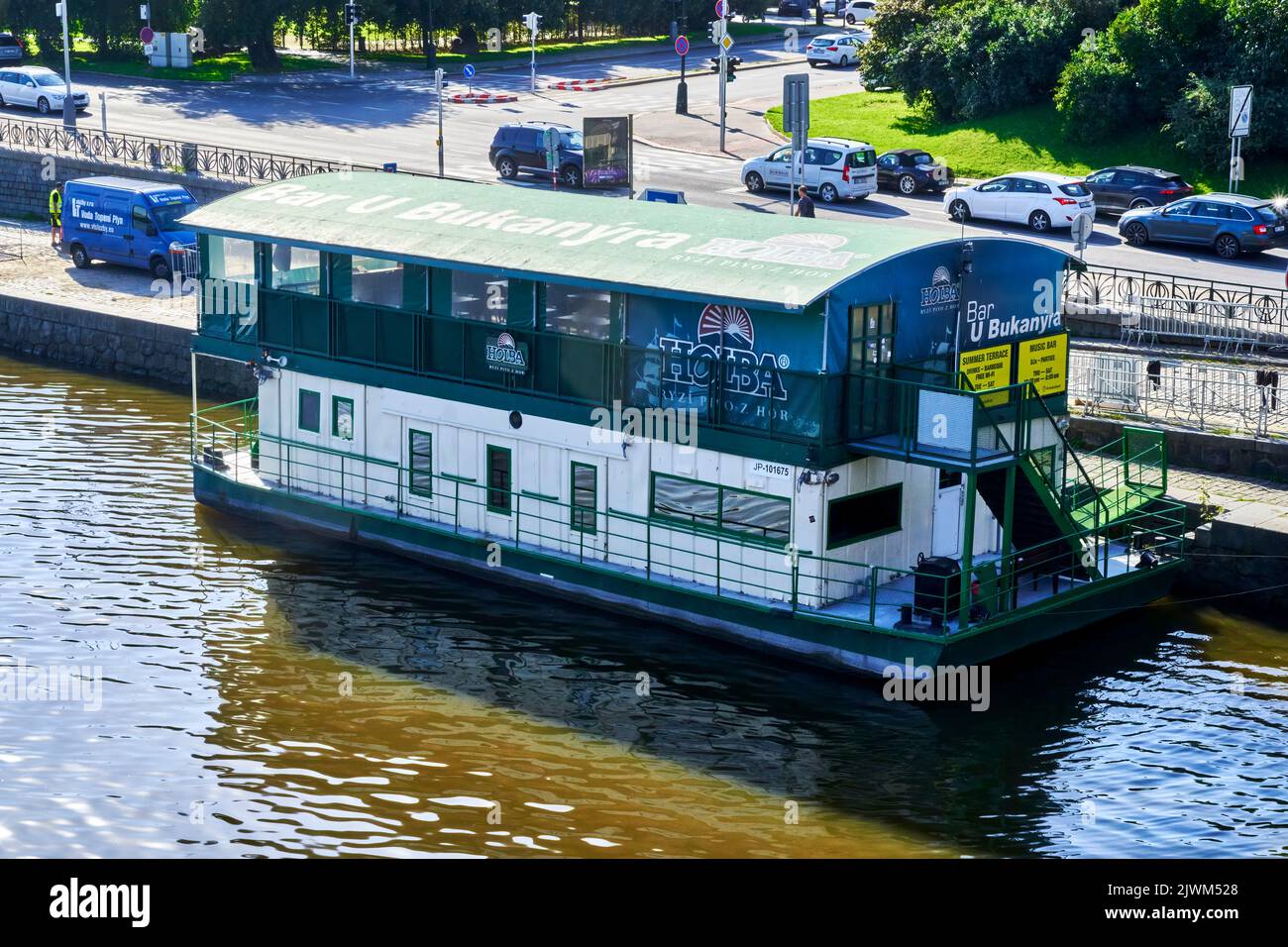 Prague, Czechia, August 29, 2022: Restaurant and bar in a houseboat on the Vltava River in the center of Prague Stock Photo
