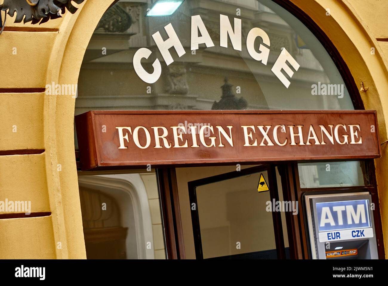 Prague, Czechia, August 30, 2022: Entrance of exchange office for cash exchange in the center of Prague Stock Photo