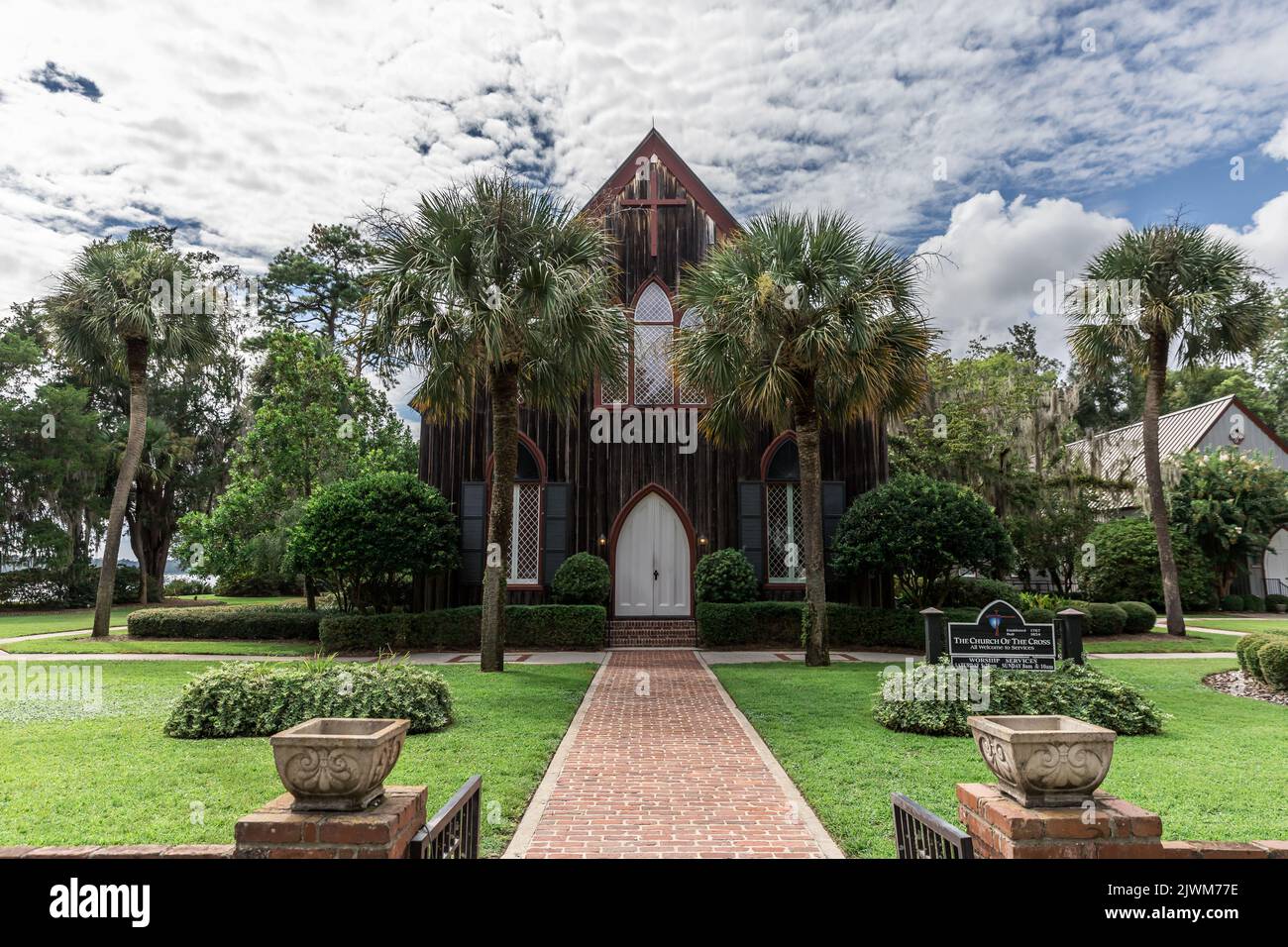 The historic Church of the Cross in Bluffton, South Carolina during the day. Stock Photo