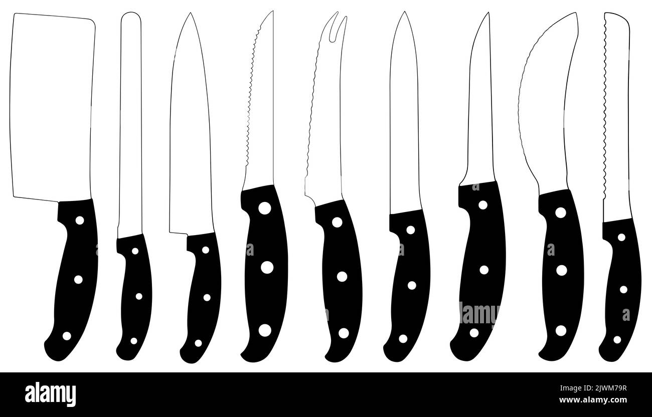 Illustration of different kitchen knives isolated on white Stock Photo