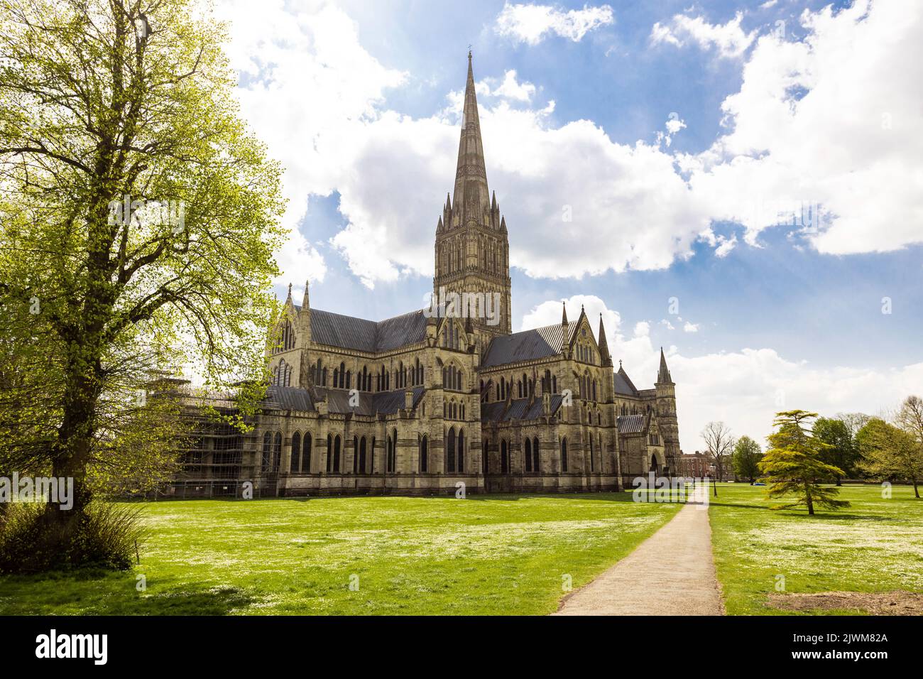 Salisbury Cathedral. Cathedral Church of the Blessed Virgin Mary. The Anglican gothic cathedral in Salisbury, England, UK Stock Photo