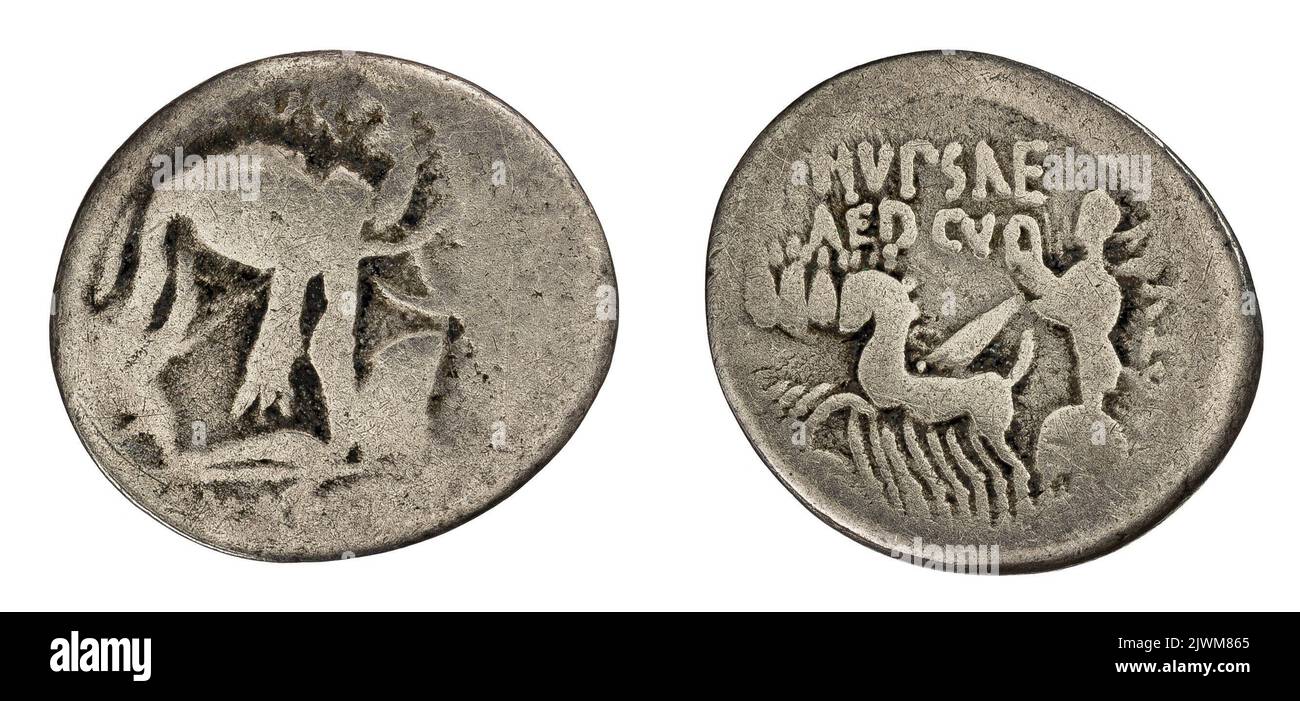 denarius. Aemilius Scaurus, M. (fl. 58 a.C. ; 56 a.C.), monetary officer, Plautius Hypsaeus, P. (fl. 60-58 a.C. ; ca 55 a.C.), monetary officer, Republika Rzymska, issuer Stock Photo