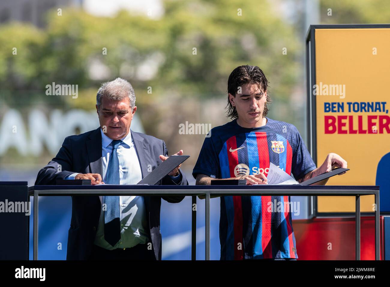 Barcelona, Spain: 6th September 2022: Ciutat Esportiva, Barcelona, Spain: Barcelona FC present new signing,   Hector Bellerin with club president Joan Laporta Stock Photo