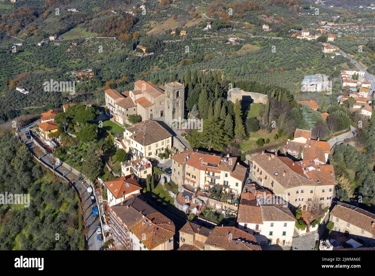 village and landscape view, drone photography, Montecatini Alto, Italy Stock Photo