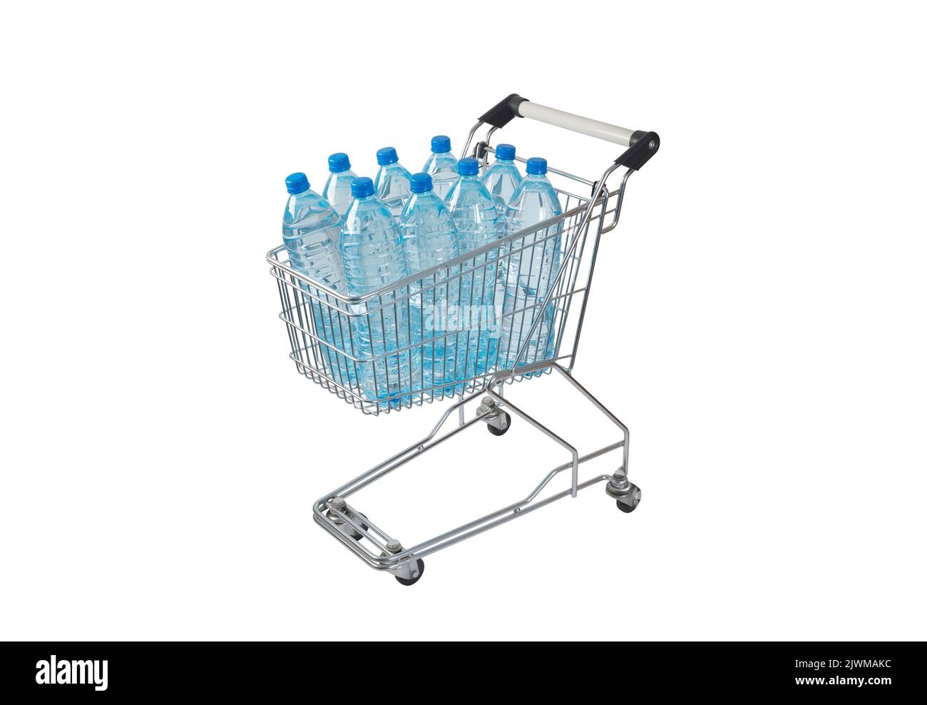 Bottles of water in trolley isolated on white background with clipping path. Water delivery. Stock Photo