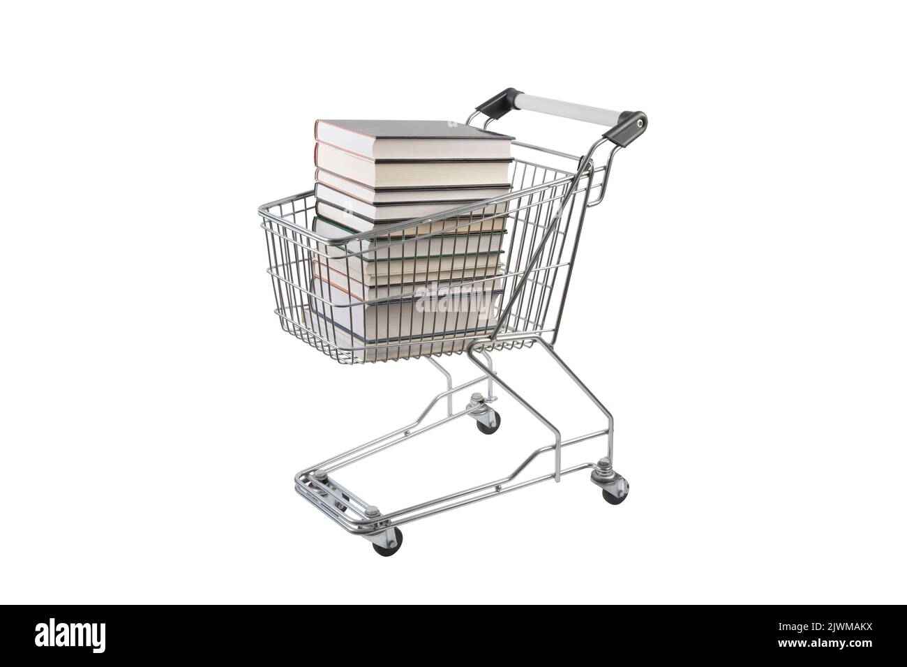 Stack of books in shopping cart isolated on white background with clipping path Stock Photo
