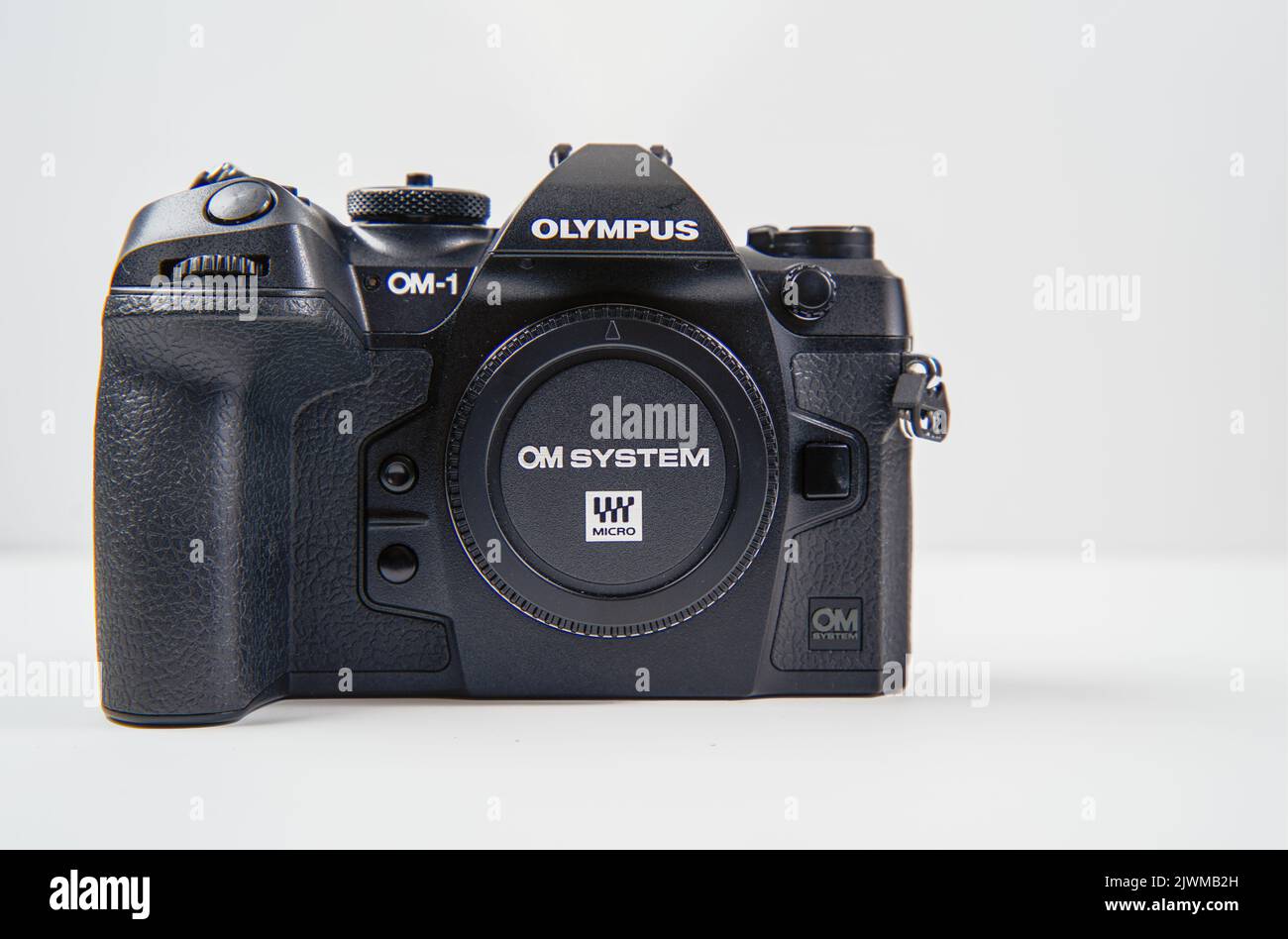 Cardiff Mid Glamorgan Wales UK August 6 2022 OM System OM1 micro four thirds Camera Body on a white Background Stock Photo