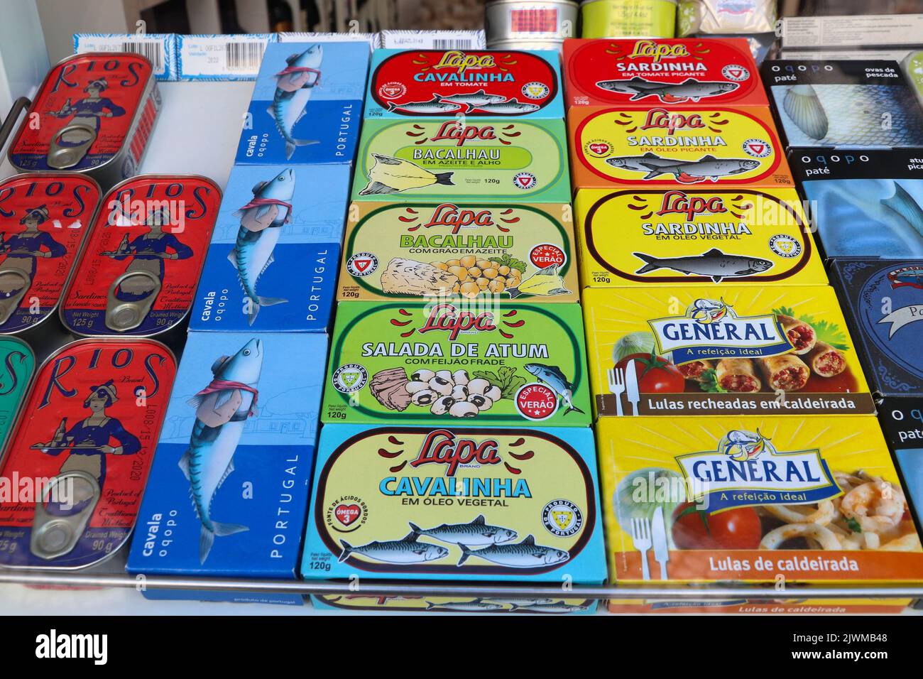 AVEIRO, PORTUGAL MAY 23, 2018 Shop display with canned sardines and