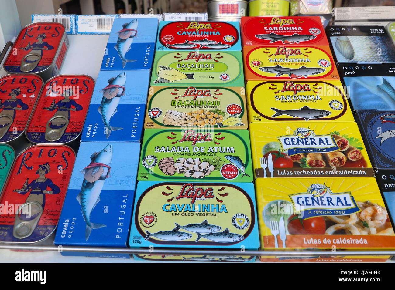 AVEIRO, PORTUGAL - MAY 23, 2018: Shop display with canned sardines and other fish in Aveiro. Tinned fish is  part of traditional Portuguese cuisine si Stock Photo