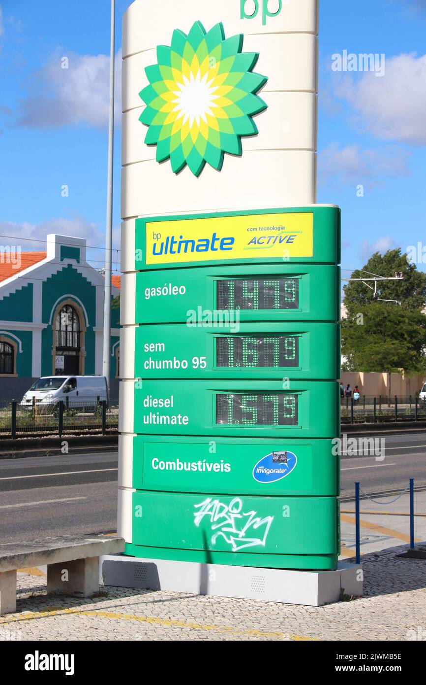 LISBON, PORTUGAL JUNE 5, 2018 BP gas station prices in Portugal. BP