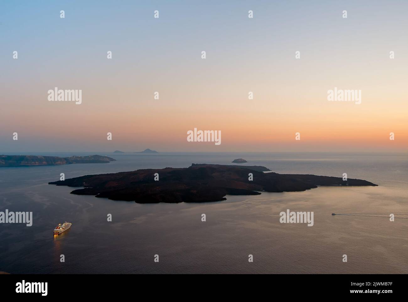 Nea Kameni, a small uninhabited Greek island of volcanic origin located