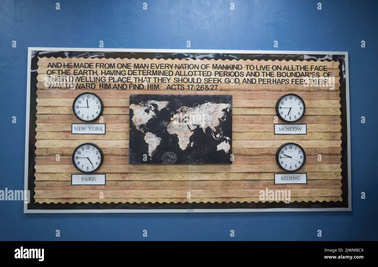 Wall hanging with Biblical verse inside a Christian School classroom In North Central Florida. Stock Photo