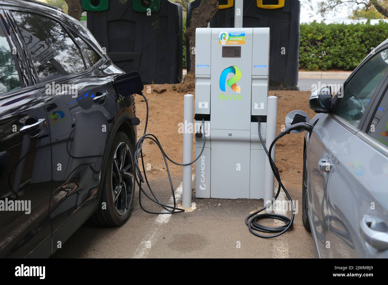 CAP D'AGDE, FRANCE - OCTOBER 2, 2021: Reveo brand electric car charging station in Cap d'Agde, France. Reveo is part of Groupe Cahors. Stock Photo