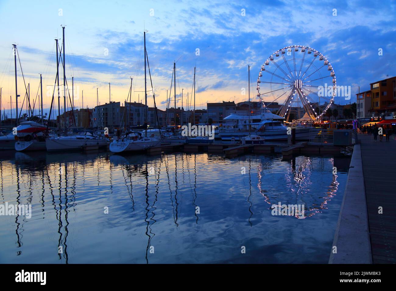 LA GRANDE-MOTTE, FRANCE - OCTOBER 2, 2021: Marina and harbor sunset view of Cap d'Agde resort in Occitanie region of France. Stock Photo