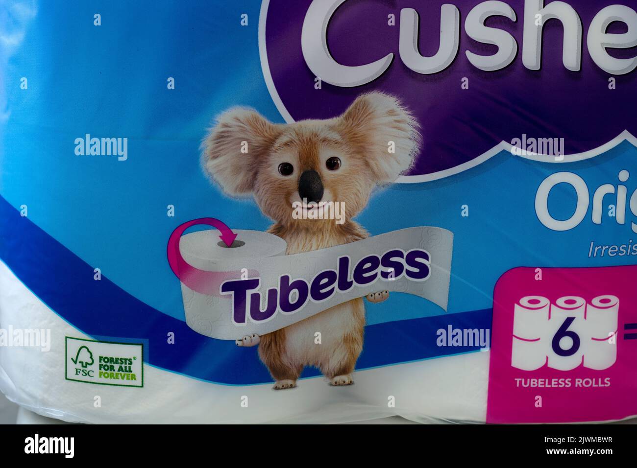 A pack of Cushelle tubeless toilet rolls Stock Photo