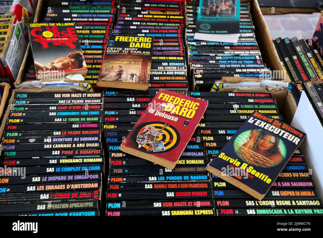 TOULOUSE, FRANCE SEPTEMBER 28, 2021 Flea market pulp crime book