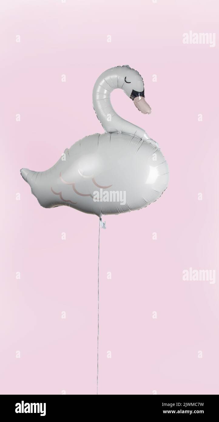 A swan balloon celebrating a birthday, wedding, party or special event against a pinkbackground with copy space. Stock Photo