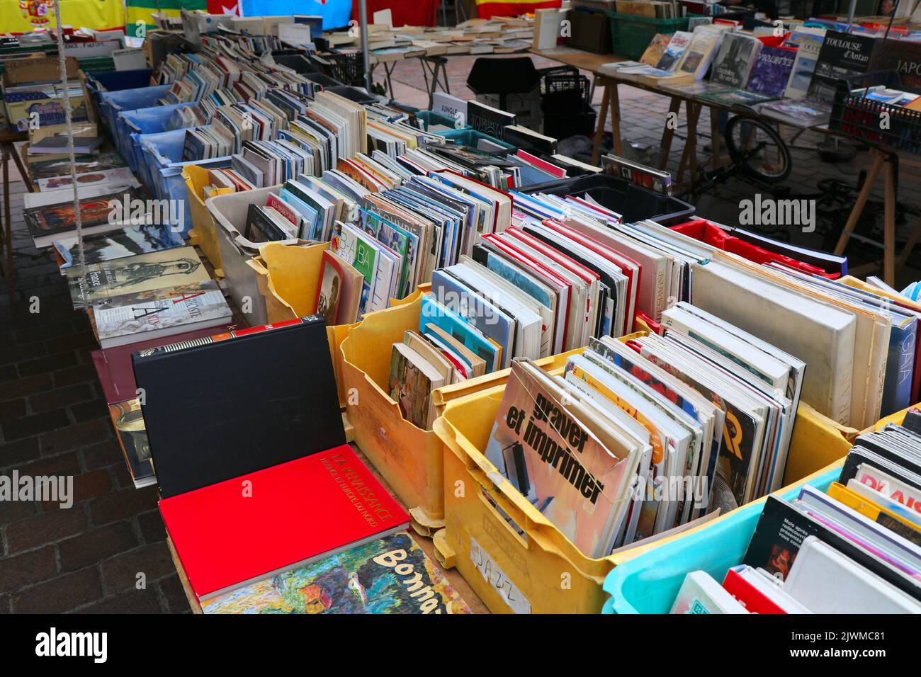 TOULOUSE, FRANCE SEPTEMBER 28, 2021 Flea market book stand in