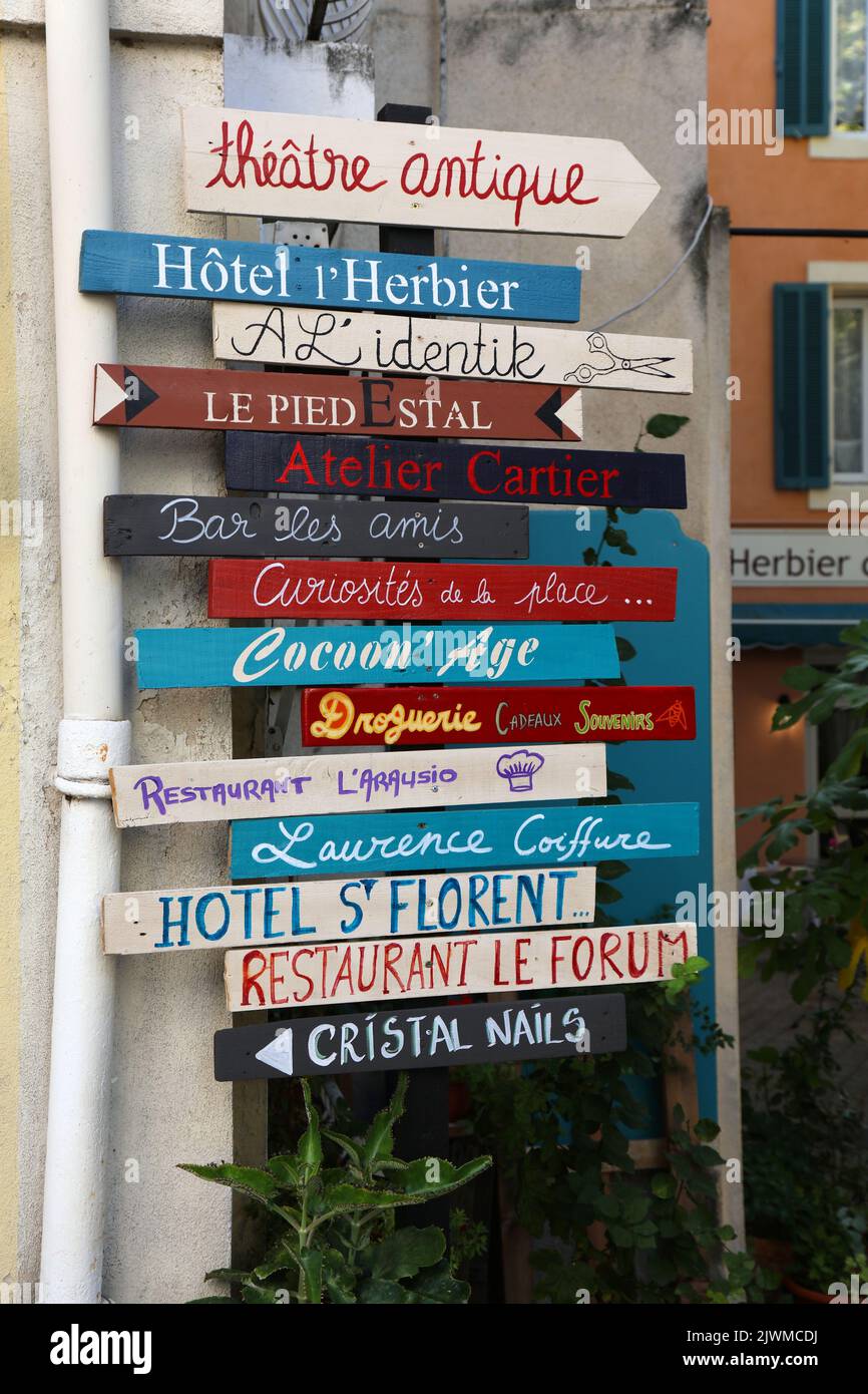 ORANGE, FRANCE SEPTEMBER 30, 2021 Hand painted signs leading to