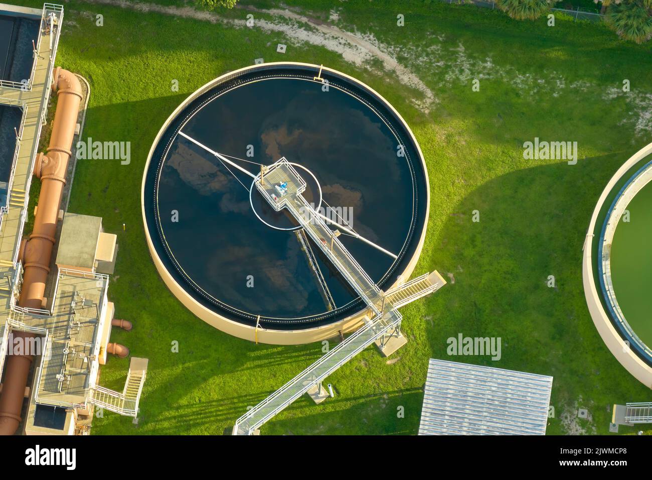 Aerial view of modern water cleaning facility at urban wastewater