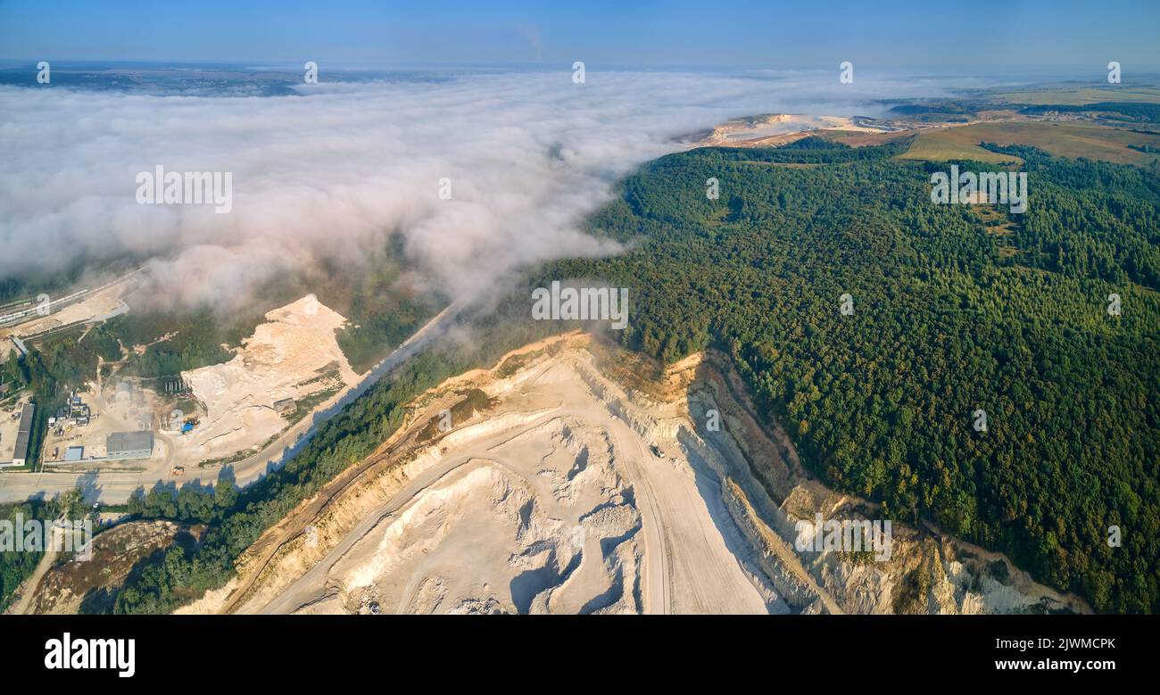 Aerial view of open pit mining of limestone materials for construction