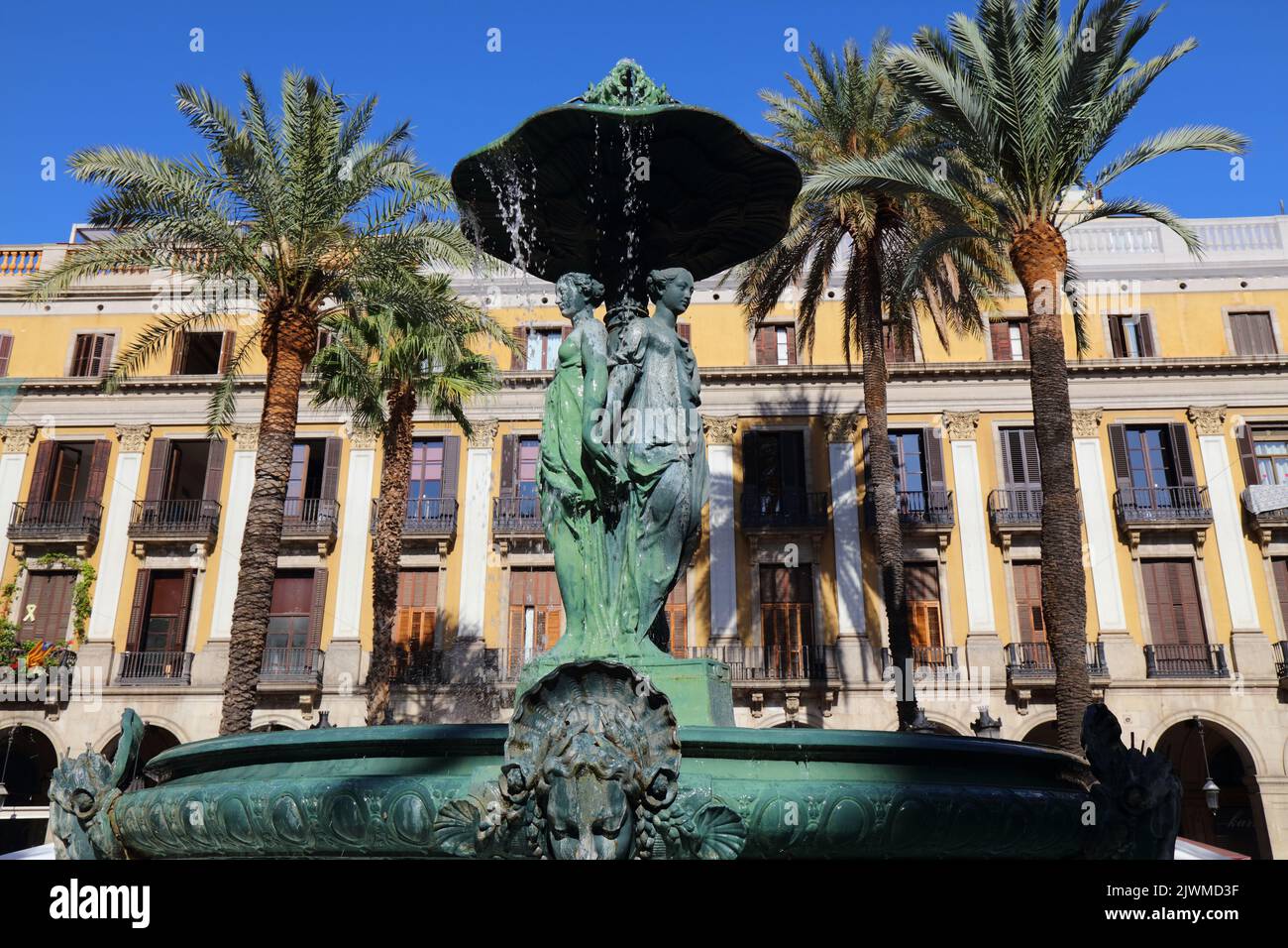 Placa Reial landmark town square with palm trees in Barri Gotic district of Barcelona, Spain. Stock Photo