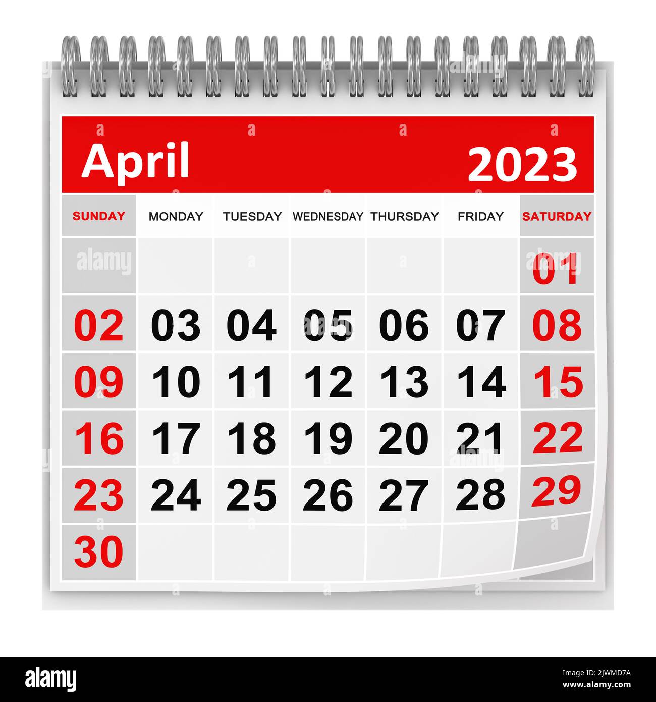Calendar - April 2023 , This is a 3d rendered computer generated image. Isolated on white. Stock Photo