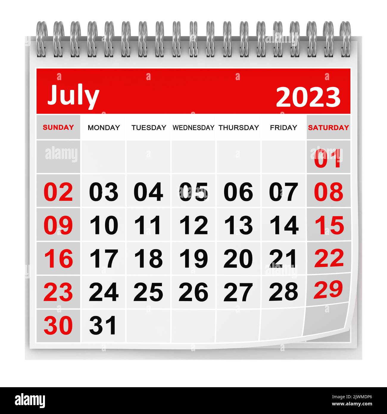 Calendar - July 2023 , This is a 3d rendered computer generated image. Isolated on white. Stock Photo