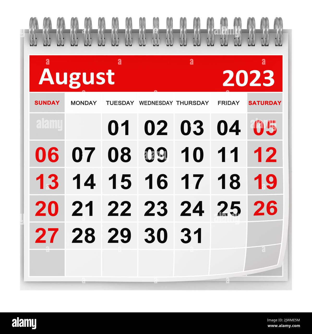 Calendar - August 2023 , This is a 3d rendered computer generated image. Isolated on white. Stock Photo