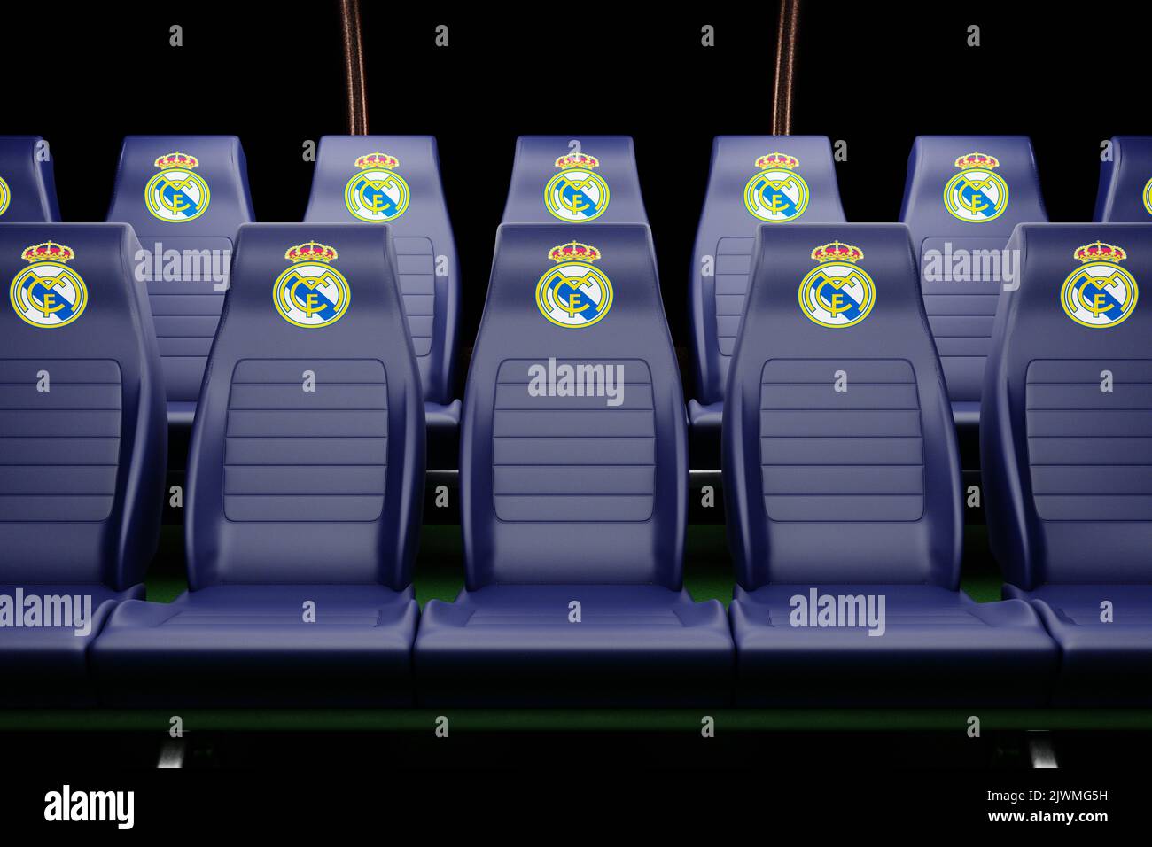 Real Madrid football club. Substitute bench seat. 3D Render Stock Photo