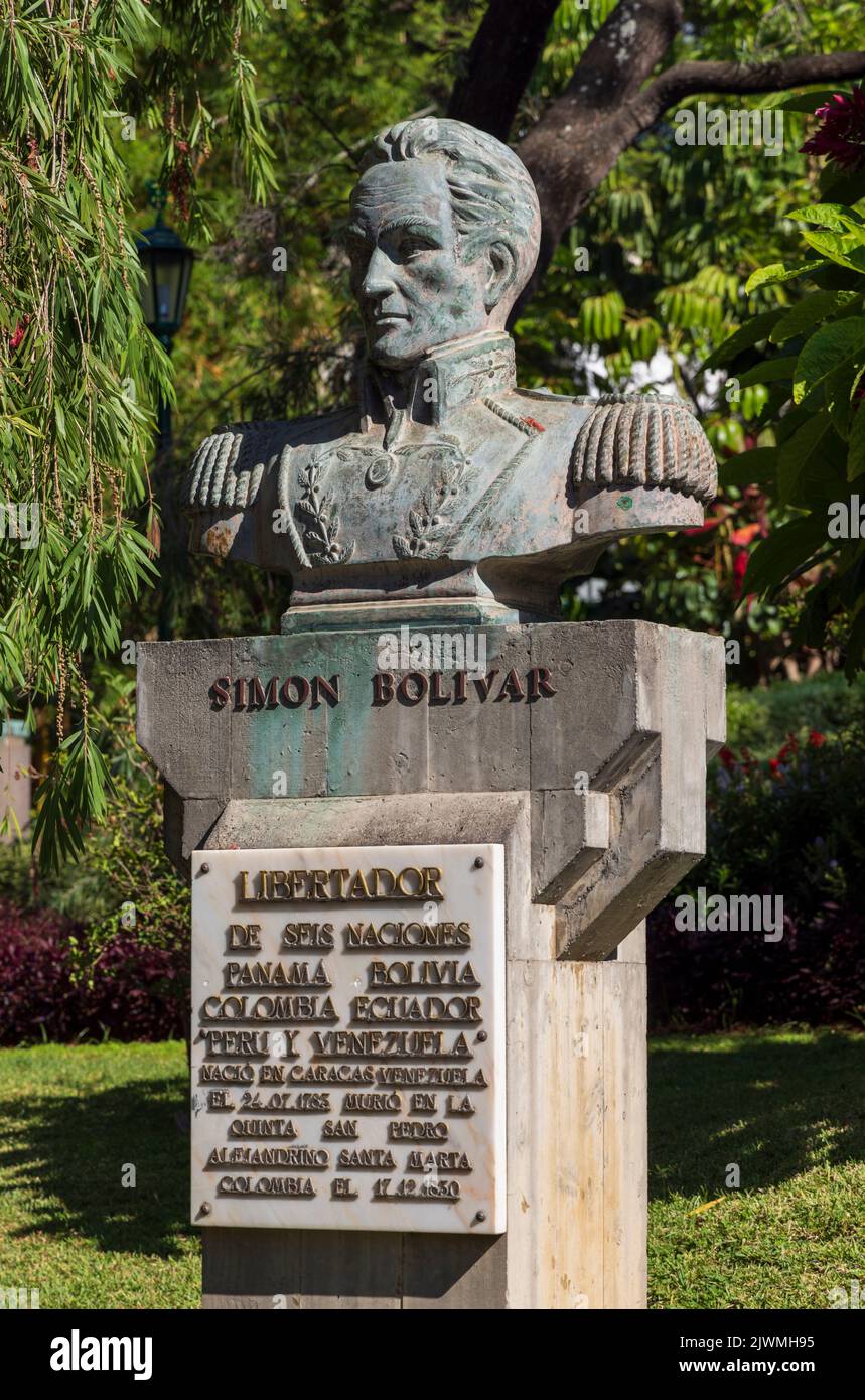 Bust of Venezuelan military and political leader Simon Bolivar in the municipal gardens, Funchal, Madeira, Portugal Stock Photo