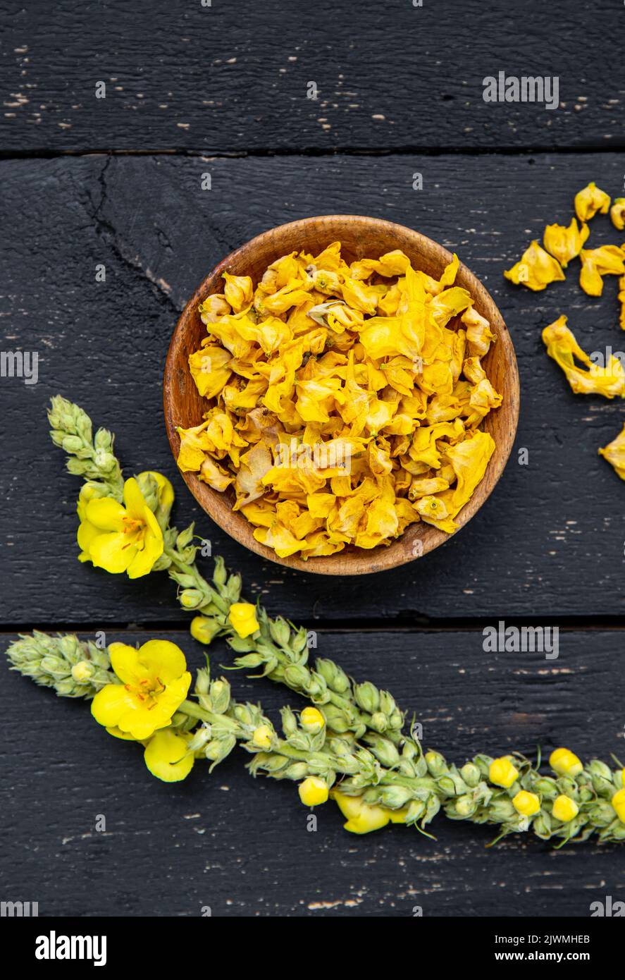 Herbal medicine tea powder made of Verbascum thapsus, the great mullein, greater mullein or common mullein. Yellow dried flower petals on wood bowl. Stock Photo