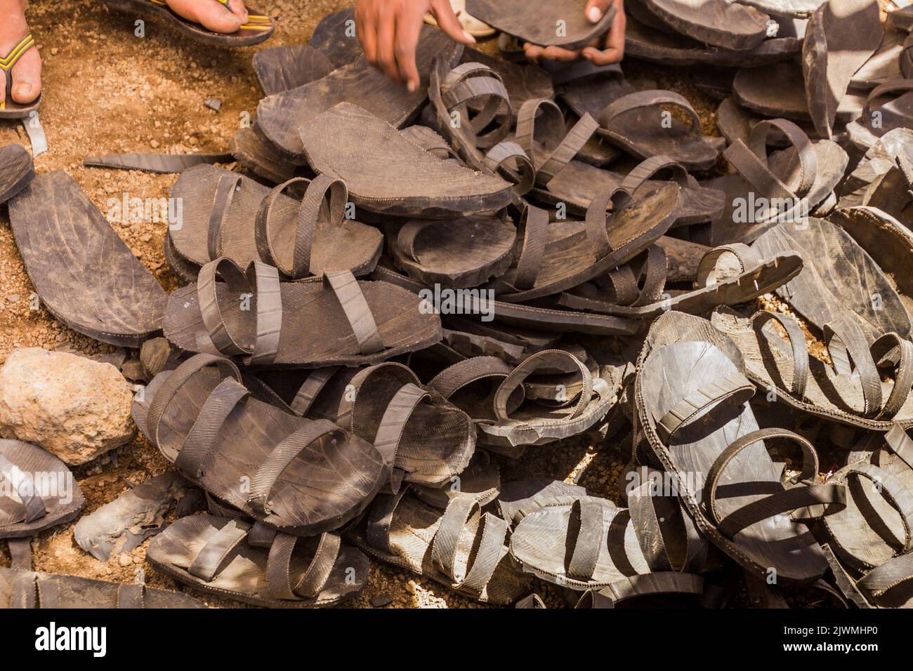 Sandals made of old tires at the Saturday market in Lalibela, Ethiopia Stock Photo
