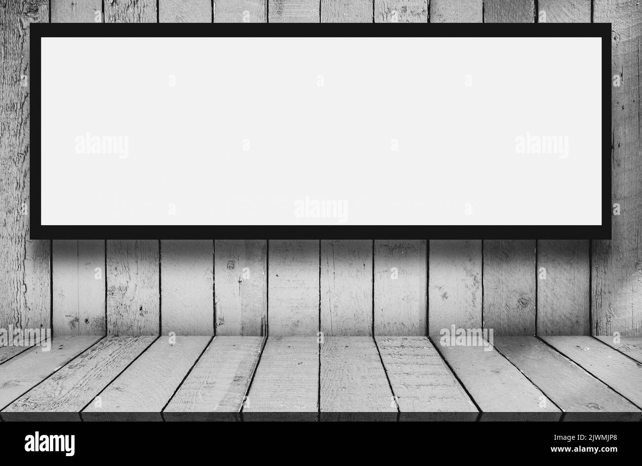 Digital Media Blank white mock up of advertising light box billboard on Empty top wood shelves for texture and background , Can be used display or mon Stock Photo