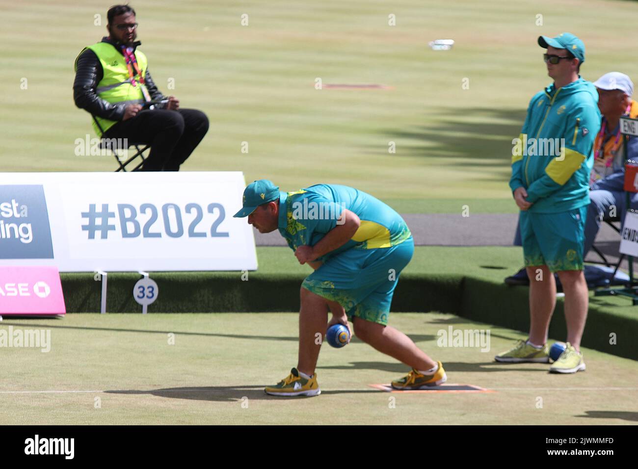 Jake FEHLBERG (Skip) of Australia (pictured) v England in the Para Mixed Pairs B2/B3 - Bronze Medal Match in the lawn bowls at the 2022 Commonwealth games at Victoria Park, Royal Leamington Spa. Stock Photo