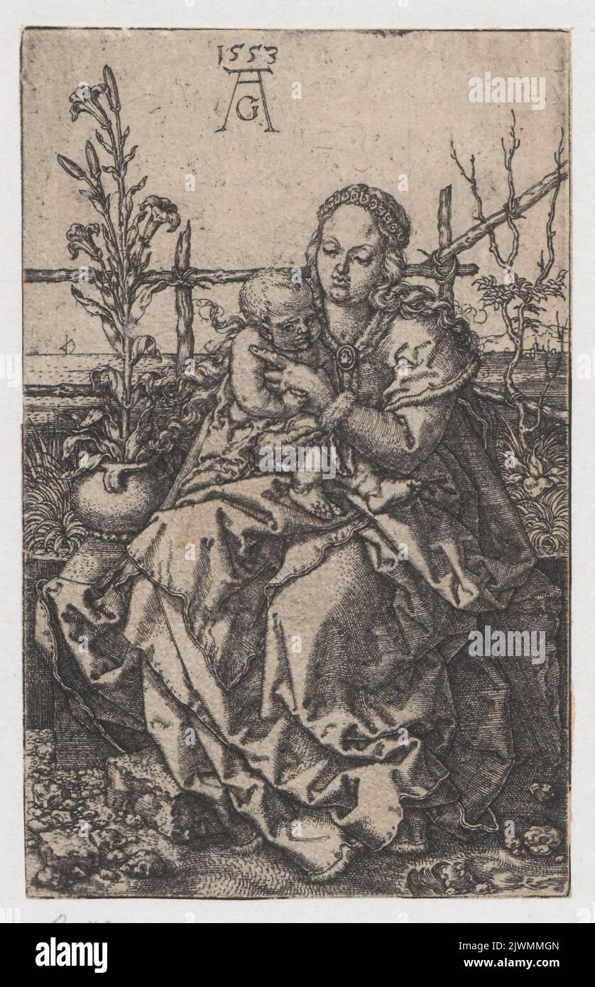 Madonna and Child sitting in a garden. Aldegrever, Heinrich (1502-1555/1561), graphic artist Stock Photo